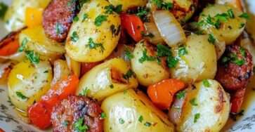 Sausage and potato skillet with golden potatoes, smoked sausage slices, bell peppers, onions, and fresh parsley served in a cast iron pan.