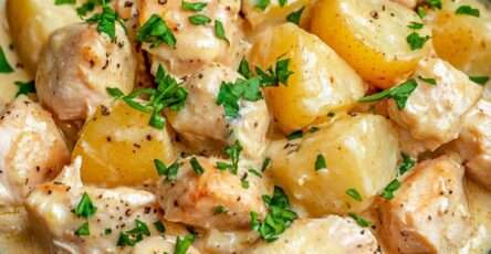 Creamy garlic parmesan chicken and potatoes stew with tender chicken pieces, baby potatoes, rich cream sauce, parmesan cheese, and fresh parsley garnish.