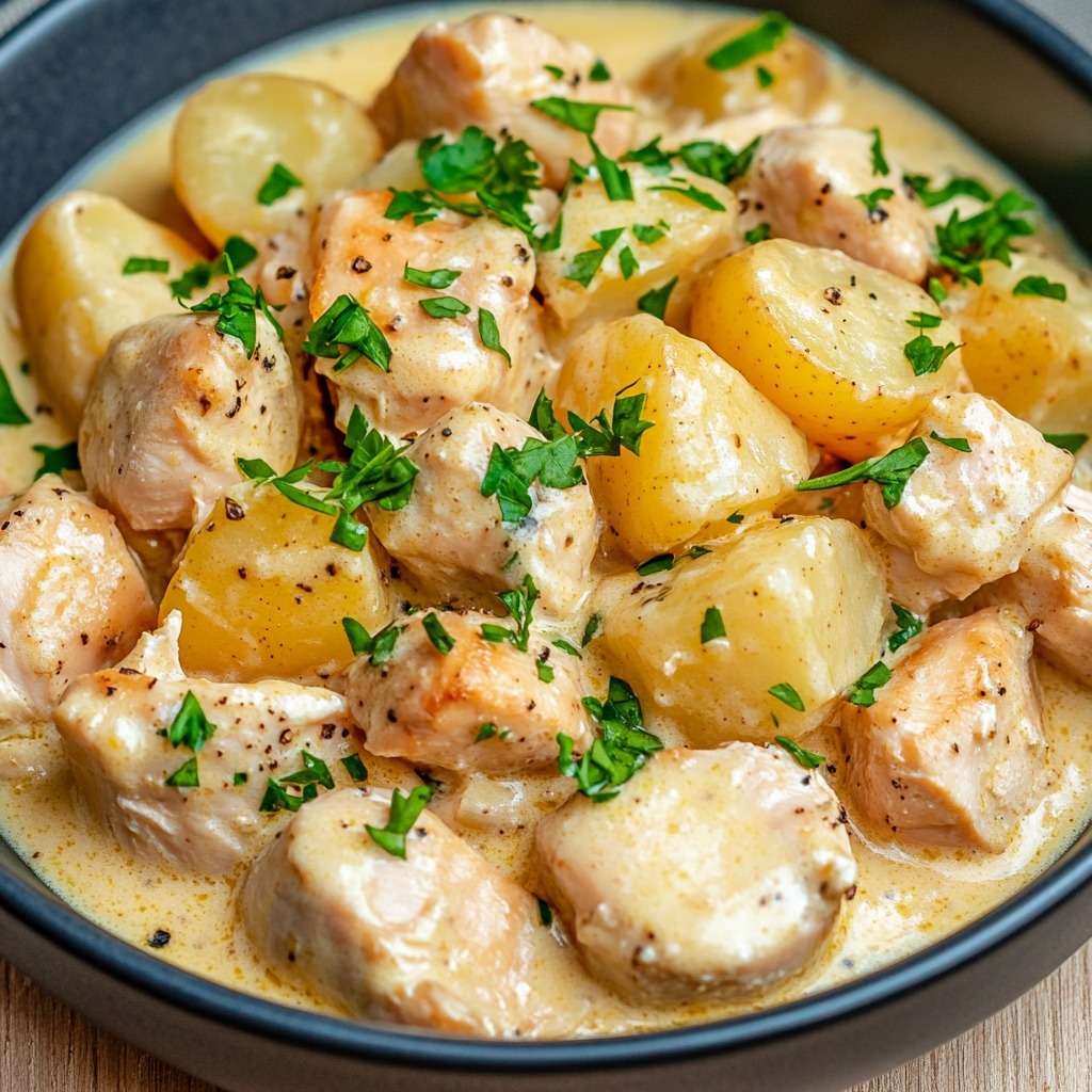 Creamy garlic parmesan chicken and potatoes stew with tender chicken pieces, baby potatoes, rich cream sauce, parmesan cheese, and fresh parsley garnish.