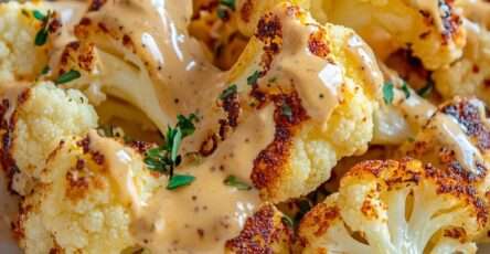 Golden roasted cauliflower florets on a baking tray drizzled with creamy tahini sauce, garnished with fresh parsley and black pepper.