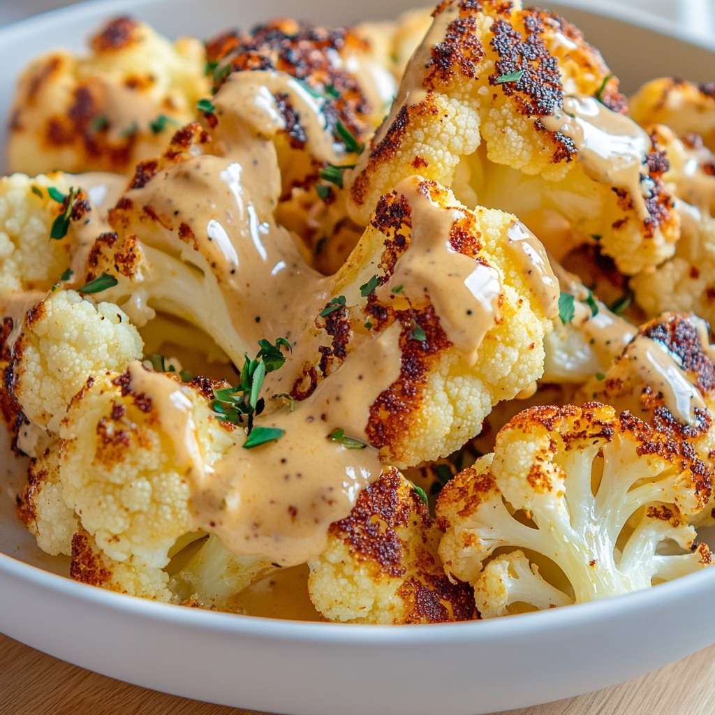 Golden roasted cauliflower florets on a baking tray drizzled with creamy tahini sauce, garnished with fresh parsley and black pepper.