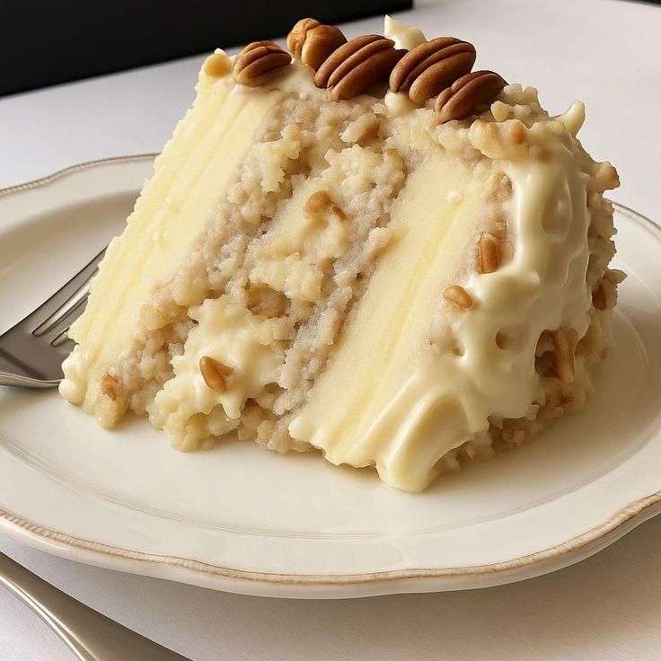 A chilled Snowy Bavarian Bliss Cake topped with creamy custard, shredded coconut and chopped pecans, served in a rectangular baking dish.