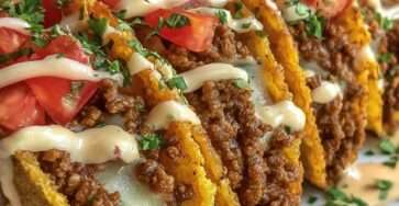 Hard shell loaded beef tacos filled with seasoned ground beef and topped with creamy cheese sauce, diced tomatoes and fresh cilantro on serving tray.