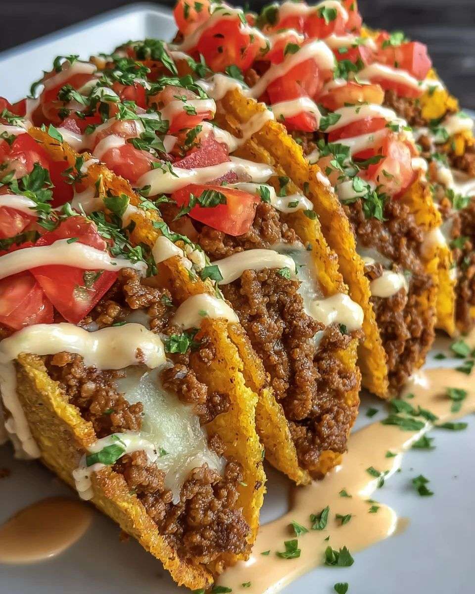 Hard shell loaded beef tacos filled with seasoned ground beef and topped with creamy cheese sauce, diced tomatoes and fresh cilantro on serving tray.