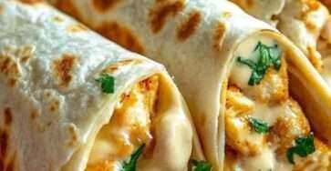 Cheesy garlic chicken wraps filled with seasoned chicken, melted cheddar and mozzarella cheese, grilled tortilla wrap cut in half on plate.