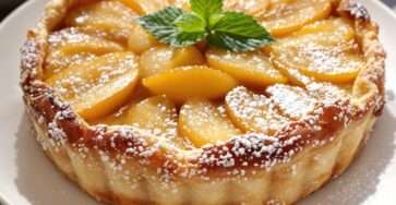 French apple tart with thinly sliced apples arranged in a circular pattern, golden pastry crust and shiny apricot glaze on top, dusted with powdered sugar.