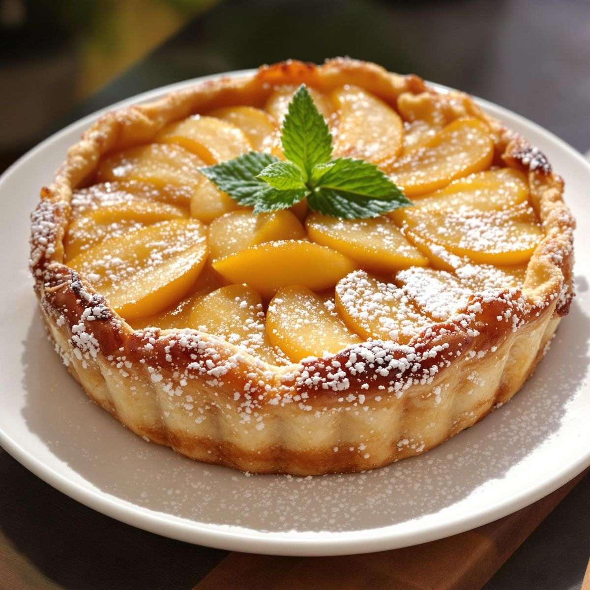French apple tart with thinly sliced apples arranged in a circular pattern, golden pastry crust and shiny apricot glaze on top, dusted with powdered sugar.