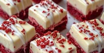 Red velvet cookie bars topped with smooth cream cheese frosting and red sprinkles, sliced into squares and served on parchment paper.