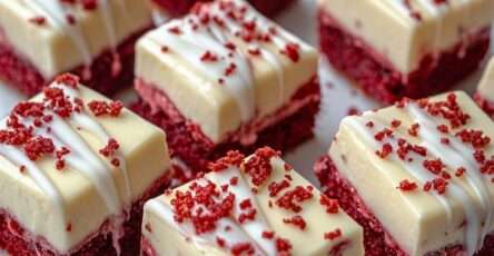 Red velvet cookie bars topped with smooth cream cheese frosting and red sprinkles, sliced into squares and served on parchment paper.