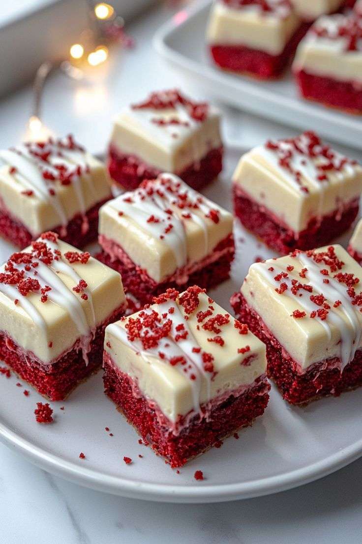 Red velvet cookie bars topped with smooth cream cheese frosting and red sprinkles, sliced into squares and served on parchment paper.