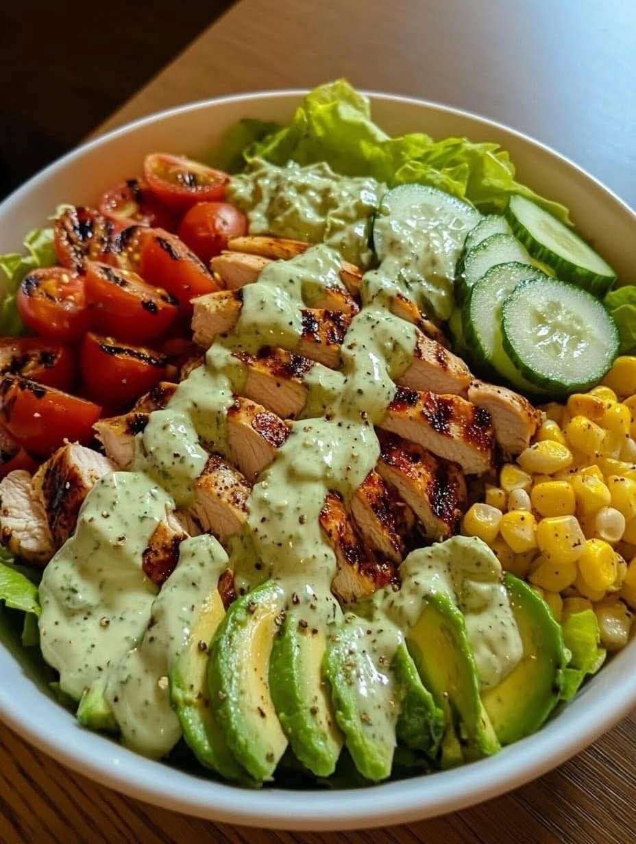 Grilled chicken avocado salad bowl with romaine lettuce, cherry tomatoes, cucumber, corn and creamy avocado dressing served in a ceramic bowl.