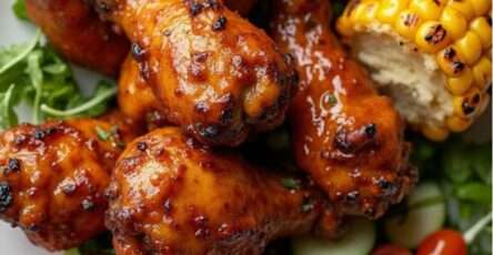 Sticky BBQ chicken drumettes glazed with sauce served with grilled corn cobettes and fresh green salad on a serving platter.