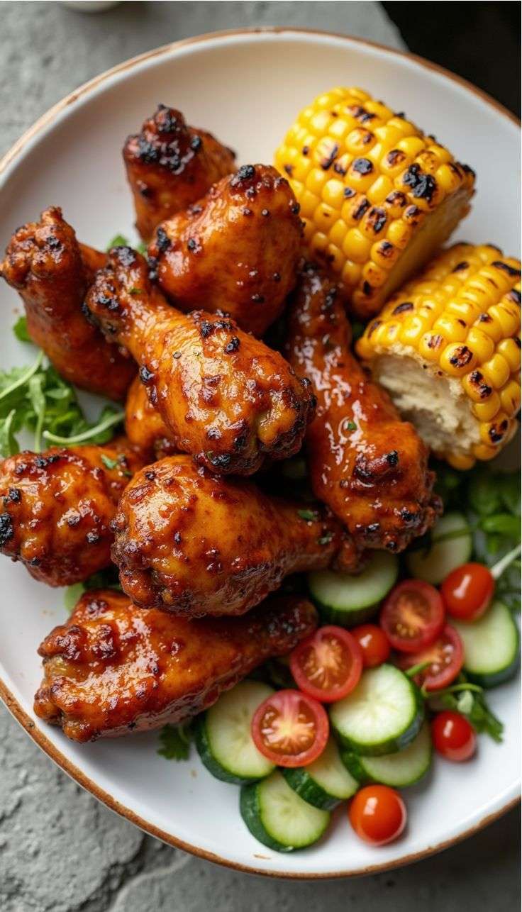 Sticky BBQ chicken drumettes glazed with sauce served with grilled corn cobettes and fresh green salad on a serving platter.