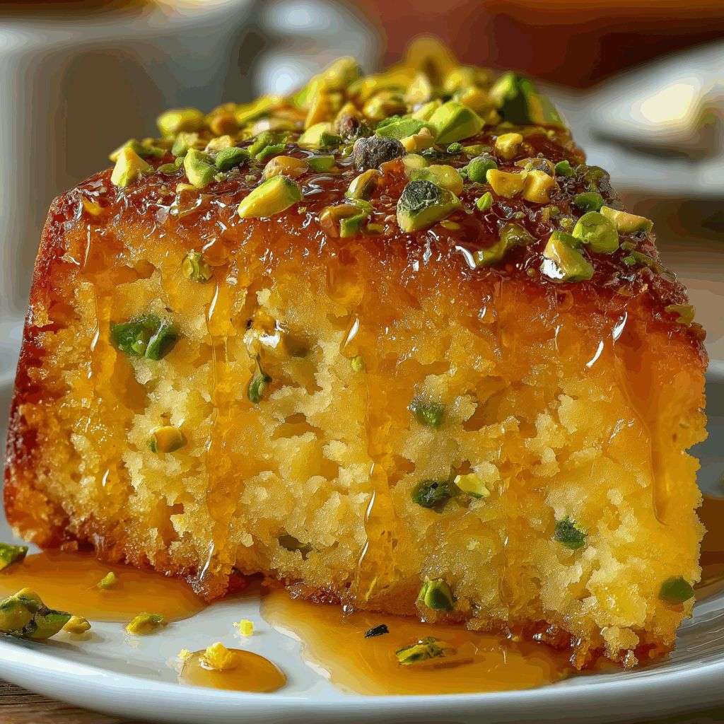 Slice of flourless orange pistachio cake topped with chopped pistachios and glazed with citrus syrup on a white dessert plate.