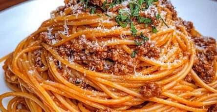 Classic spaghetti bolognese with rich meat sauce, grated Parmesan cheese and fresh parsley served in a white bowl with pasta strands visible.