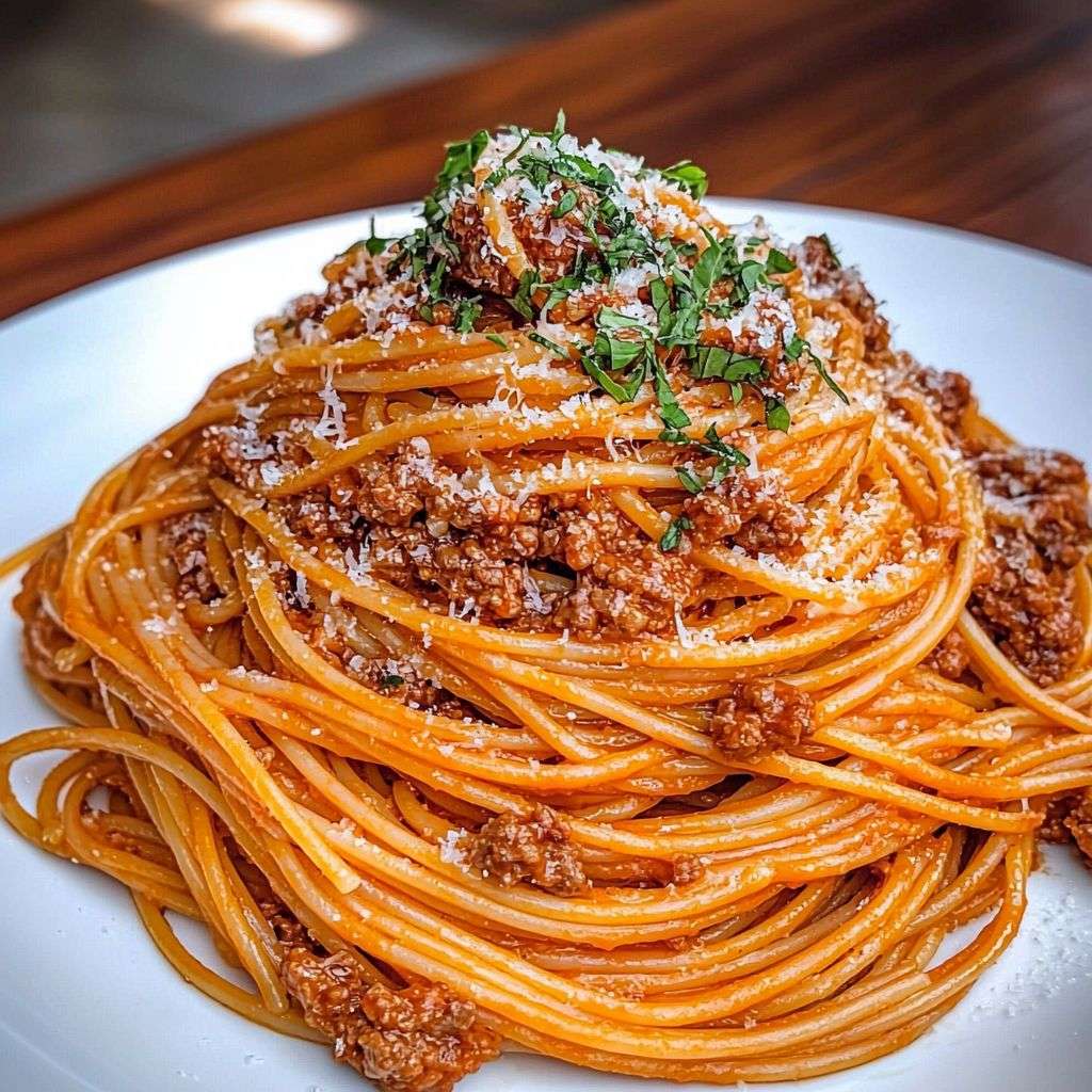 Classic spaghetti bolognese with rich meat sauce, grated Parmesan cheese and fresh parsley served in a white bowl with pasta strands visible.
