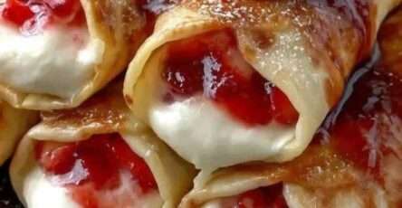 Rolled strawberry cream crepes filled with cream cheese filling, topped with fresh strawberry sauce and powdered sugar on a white dessert plate.