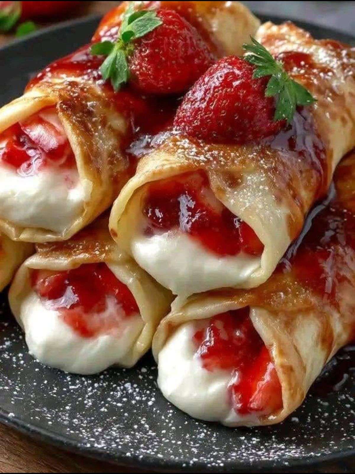 Rolled strawberry cream crepes filled with cream cheese filling, topped with fresh strawberry sauce and powdered sugar on a white dessert plate.