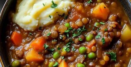 hearty lentil and vegetable stew with carrots and celery served over creamy mashed potatoes, garnished with fresh parsley.