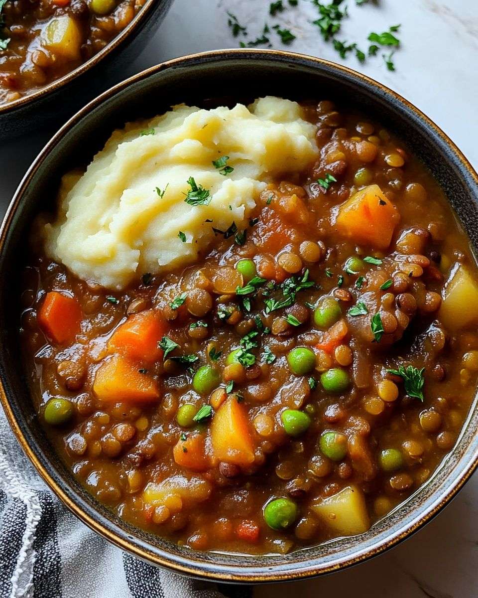 hearty lentil and vegetable stew with carrots and celery served over creamy mashed potatoes, garnished with fresh parsley.