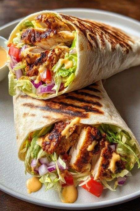 Grilled chicken wraps filled with lettuce, tomatoes, red onion and creamy garlic sauce wrapped in warm flour tortillas on a wooden plate.