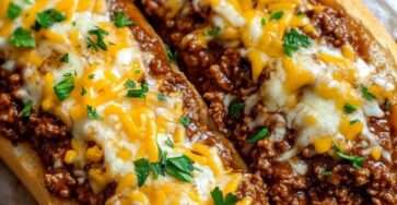 Cheesy sloppy joe garlic bread topped with saucy ground beef, melted mozzarella and cheddar cheese on toasted French bread slices.