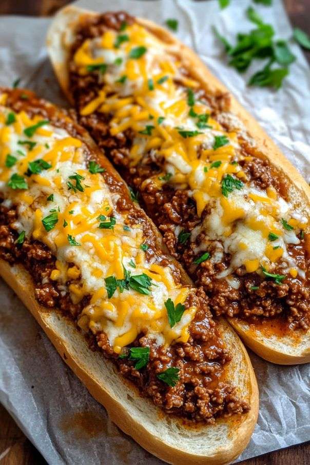 Cheesy sloppy joe garlic bread topped with saucy ground beef, melted mozzarella and cheddar cheese on toasted French bread slices.