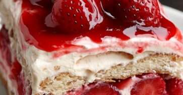 A chilled strawberry icebox cake layered with graham crackers, cream cheese whipped cream and fresh sliced strawberries in a glass baking dish.