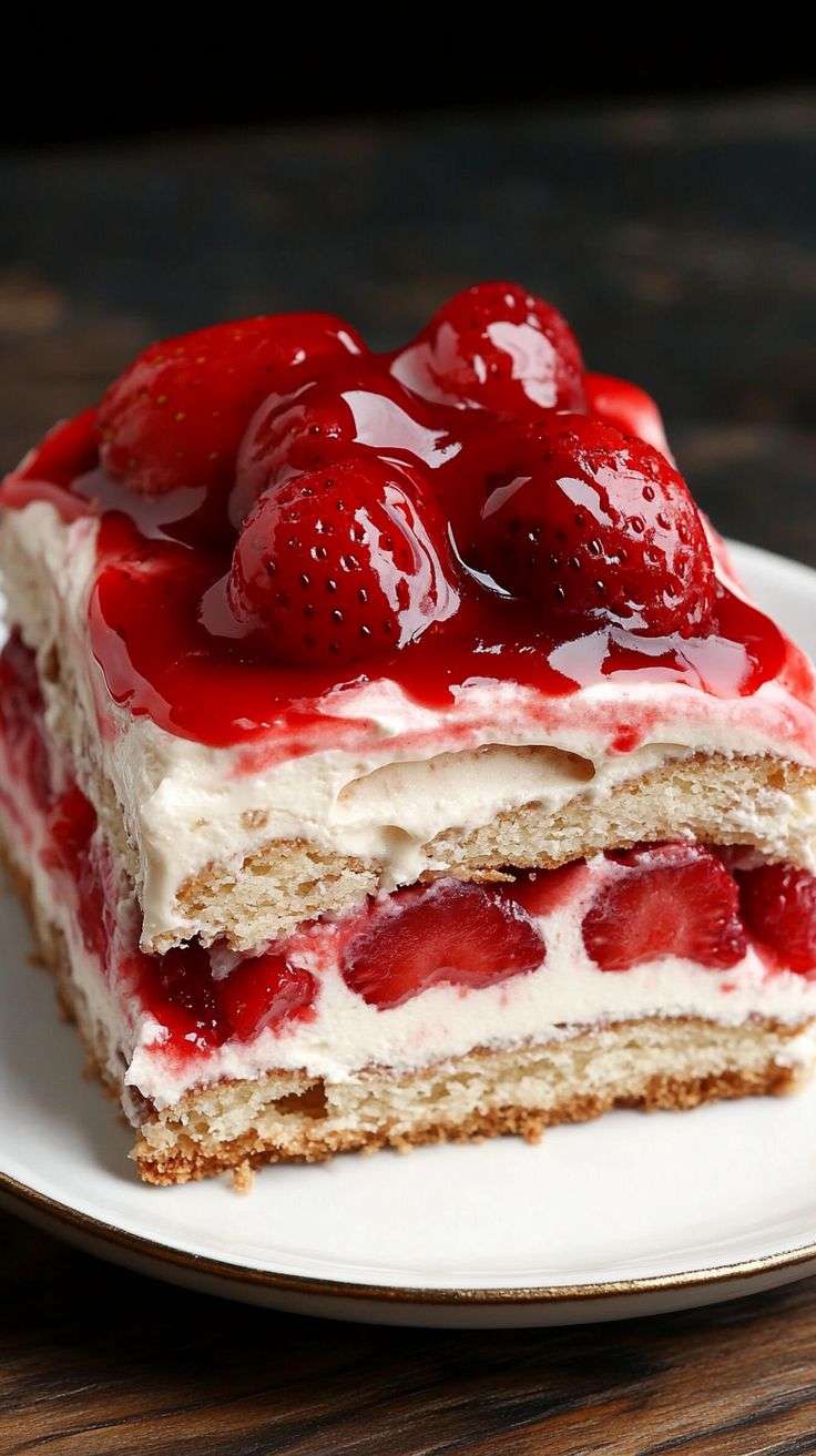 A chilled strawberry icebox cake layered with graham crackers, cream cheese whipped cream and fresh sliced strawberries in a glass baking dish.