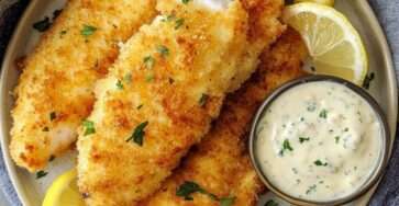 Golden crispy fried fish fillets served with homemade tartar sauce, lemon wedges and fresh parsley on a white serving plate.
