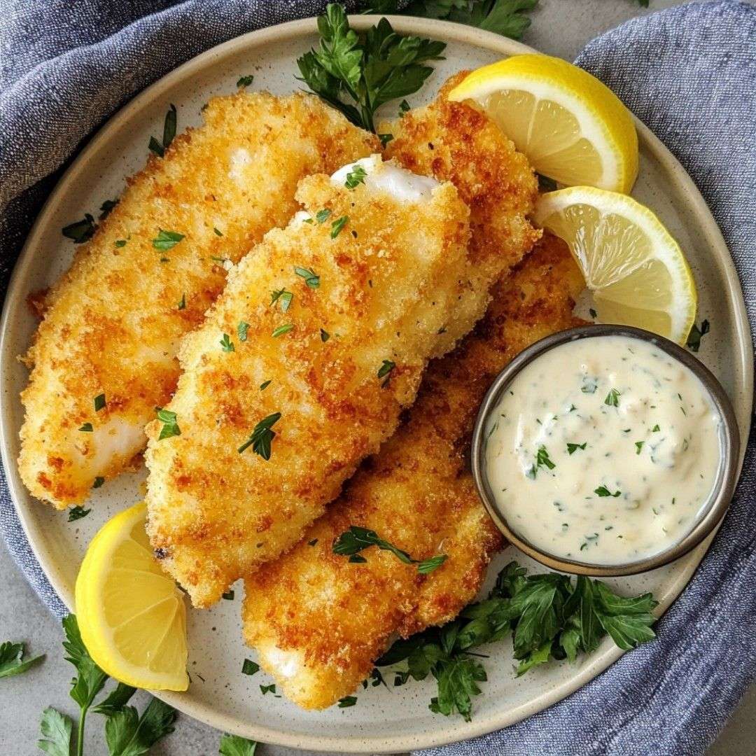 Golden crispy fried fish fillets served with homemade tartar sauce, lemon wedges and fresh parsley on a white serving plate.