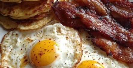 Classic American breakfast platter with fluffy pancakes, crispy bacon strips and sunny-side-up eggs served on a white plate with butter and syrup.
