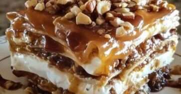 No-bake turtle lasagna dessert layered with graham cracker crust, creamy filling, chocolate pudding, caramel sauce and chopped pecans in glass dish.