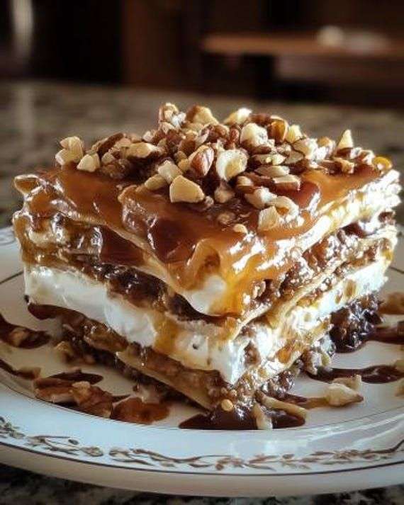No-bake turtle lasagna dessert layered with graham cracker crust, creamy filling, chocolate pudding, caramel sauce and chopped pecans in glass dish.