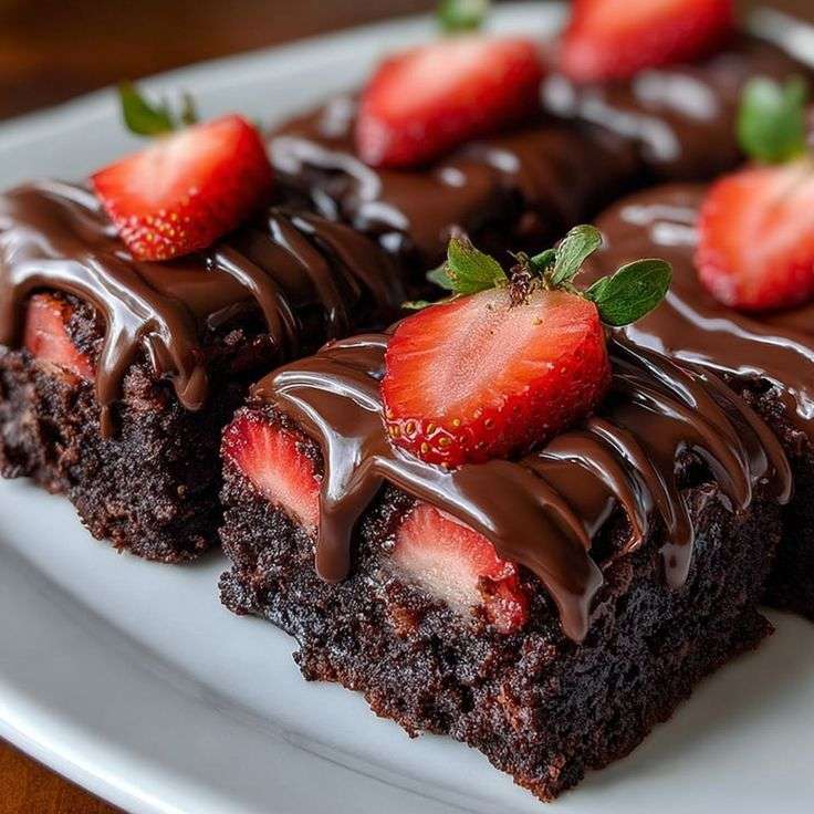 Chocolate covered strawberry brownies topped with fresh sliced strawberries and glossy chocolate ganache on a white dessert plate.