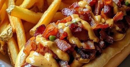 Bacon and cheese wrapped hot dog topped with melted cheddar cheese sauce and crispy bacon bits served in toasted bun with french fries on plate.