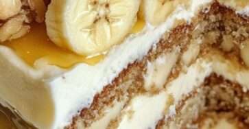 Layered banana walnut cream cake with cream cheese frosting, fresh banana slices, and toasted walnuts on top of a moist sponge.