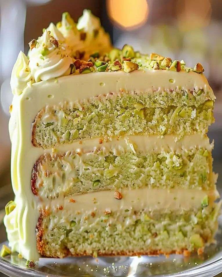 Three-layer white chocolate pistachio cake with creamy frosting, piped swirls, chopped pistachios, and white chocolate drizzle