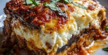 Classic beef lasagna with thick meat sauce, creamy béchamel layers, and golden melted cheese on top, sliced into generous portions