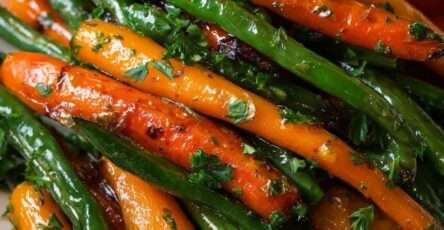 Roasted carrots and green beans glazed with honey balsamic sauce, lightly caramelized and garnished with fresh parsley on a serving platter.