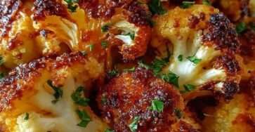 Garlic Parmesan roasted cauliflower florets coated in garlic butter and olive oil, topped with melted Parmesan cheese and fresh parsley garnish.