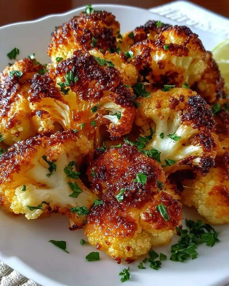 Garlic Parmesan roasted cauliflower florets coated in garlic butter and olive oil, topped with melted Parmesan cheese and fresh parsley garnish.