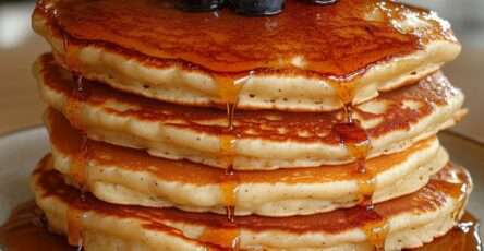 Stack of thick fluffy pancakes topped with maple syrup, blueberries, raspberries, and a melting cube of butter