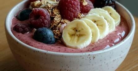Thick red fruit smoothie bowl topped with banana slices, raspberries, blueberries, and crunchy granola