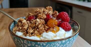 Greek yogurt bowl topped with crunchy granola, fresh raspberries, honey drizzle, and seeds
