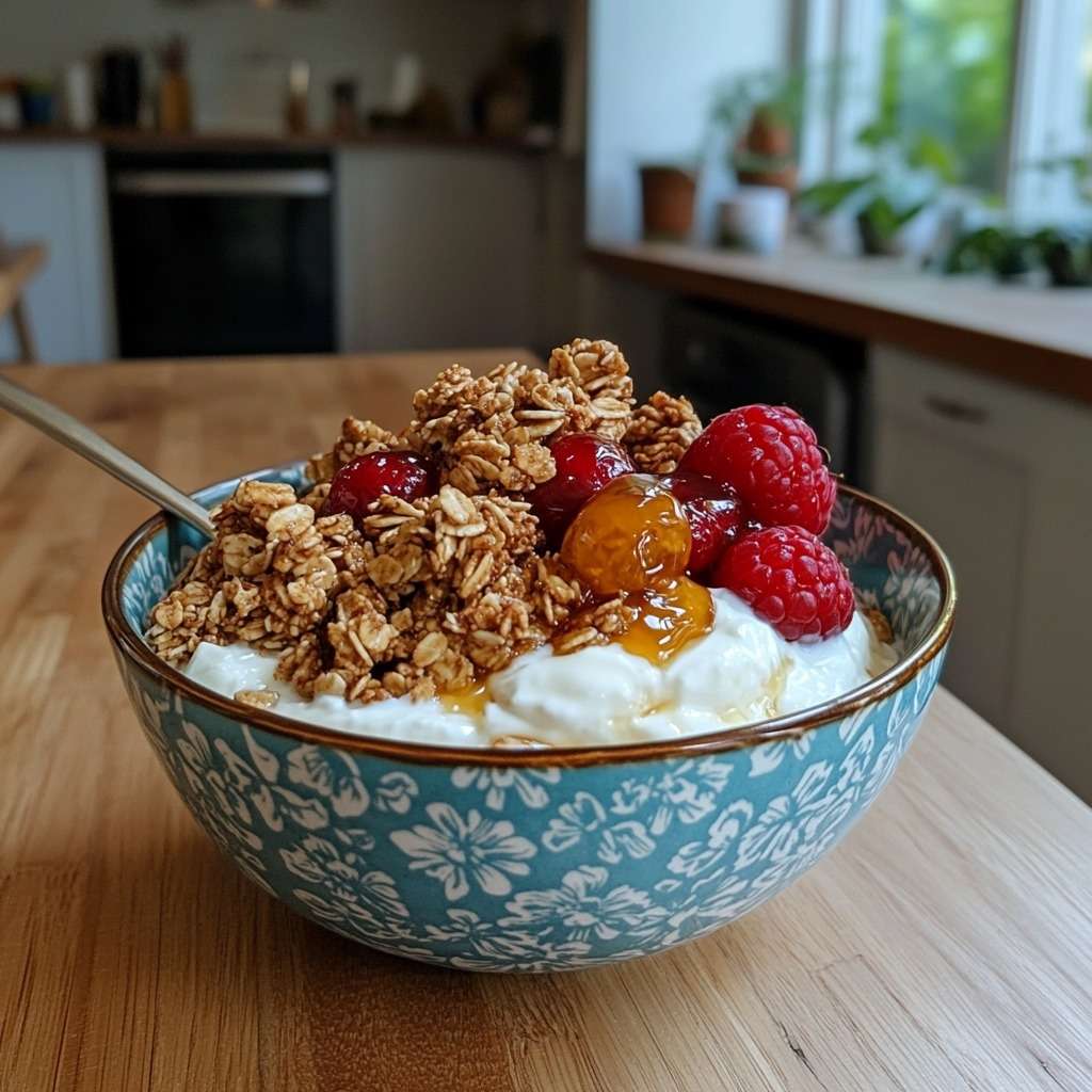 Greek yogurt bowl topped with crunchy granola, fresh raspberries, honey drizzle, and seeds