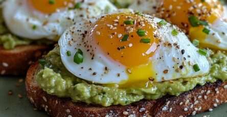 Avocado toast topped with soft-boiled eggs, runny yolk, chives and sesame seeds on whole wheat bread