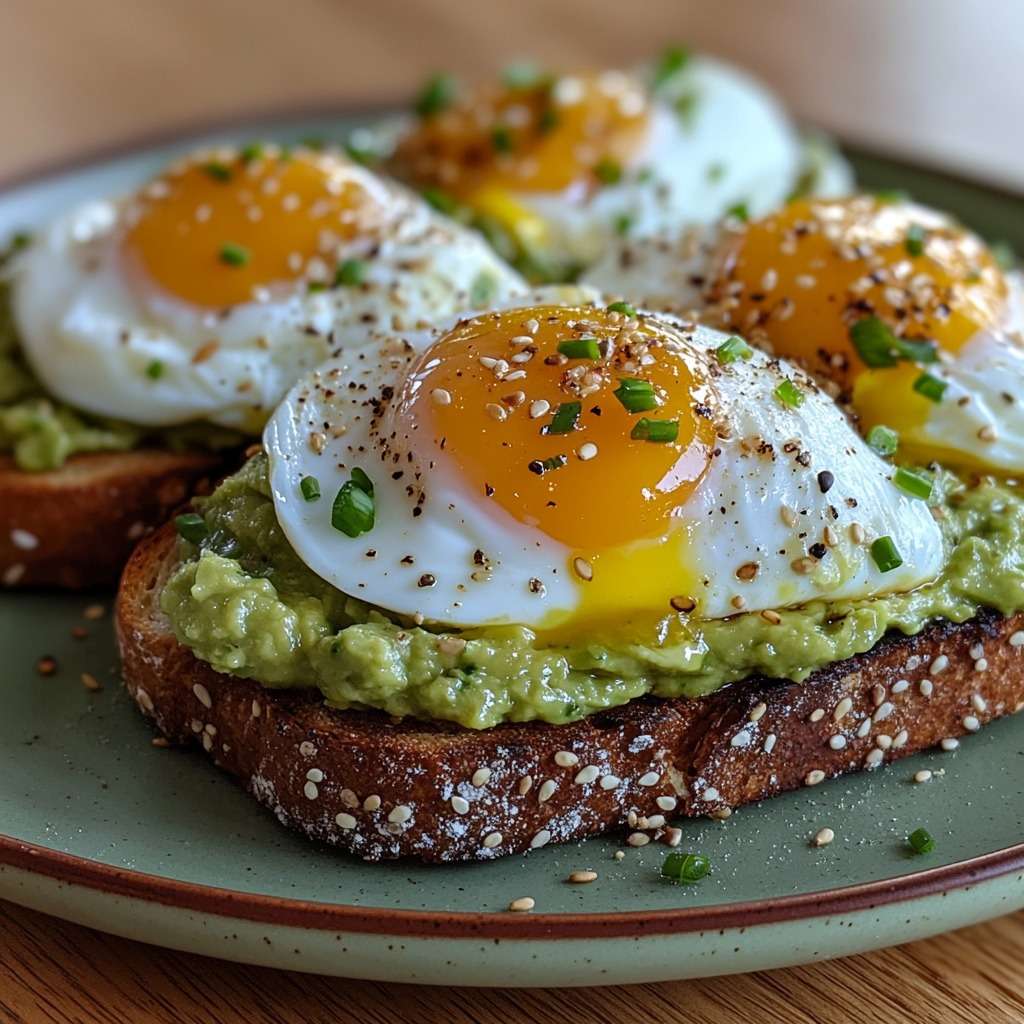 Avocado toast topped with soft-boiled eggs, runny yolk, chives and sesame seeds on whole wheat bread