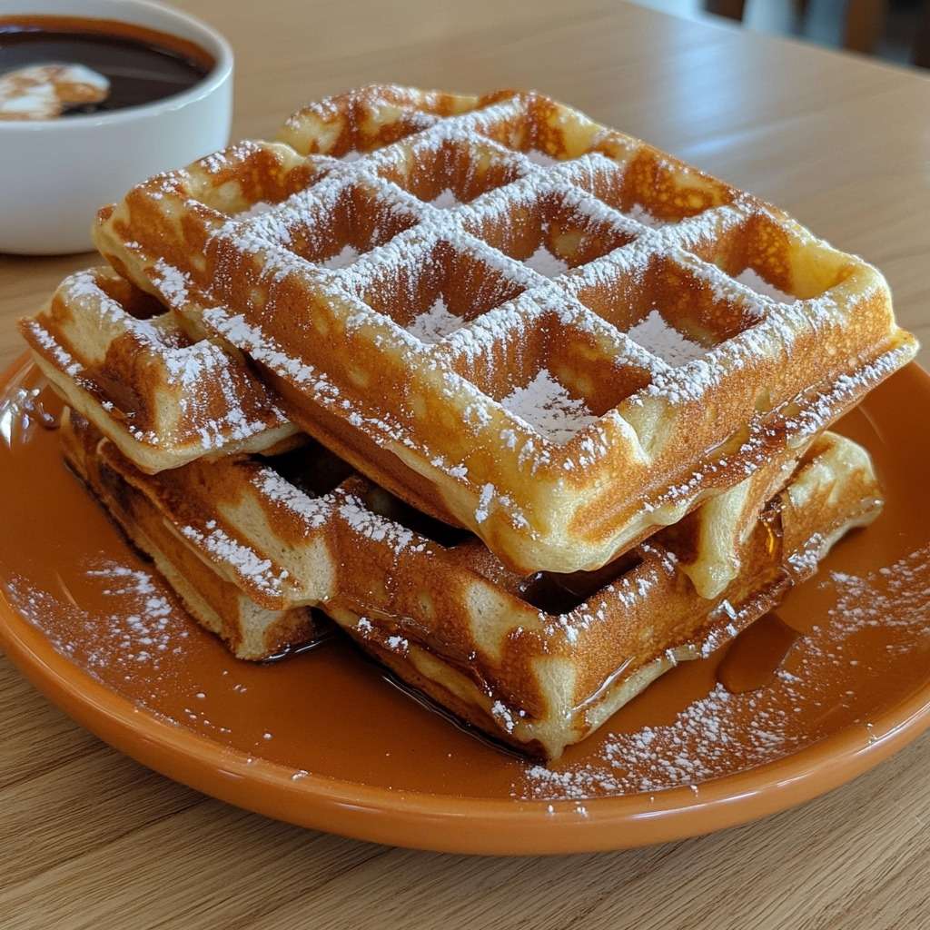 Golden homemade waffles with a crispy exterior and soft center, served with powdered sugar and maple syrup