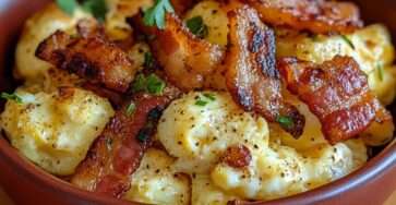 Creamy macaroni and cheese topped with crispy bacon pieces, melted cheddar and parsley in a rustic bowl
